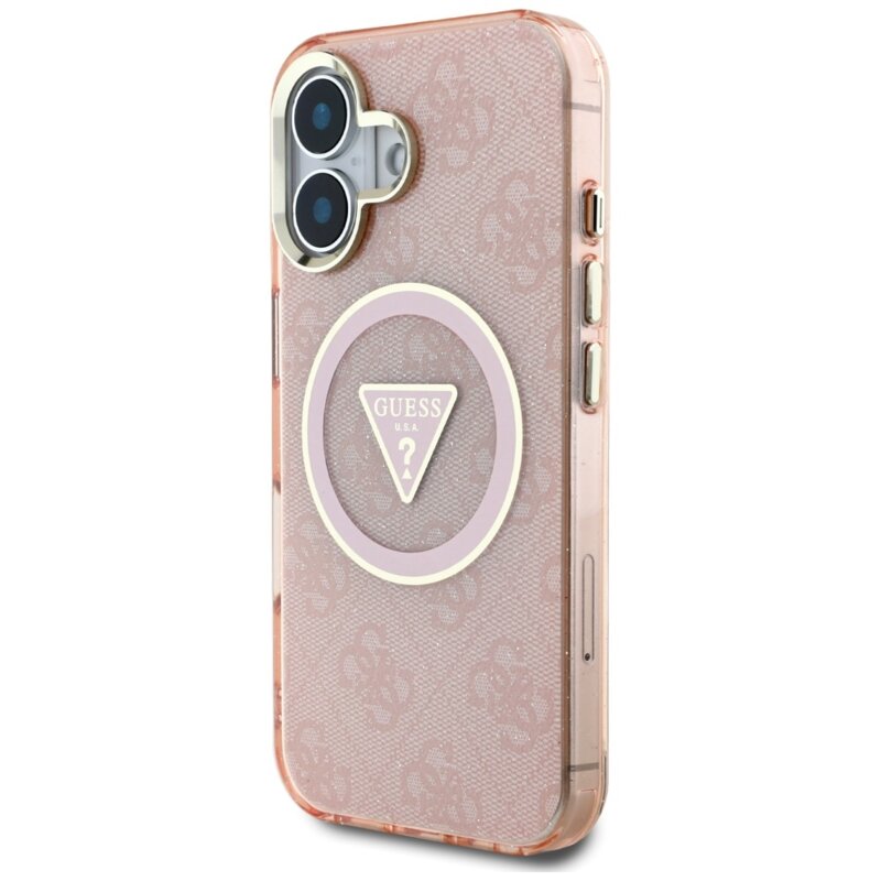 Husa iPhone 16 originala Guess IML Metal Glitter 4G Circle Triangle MagSafe, roz, GUHMP16SHG4PRTGP