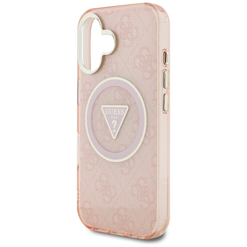 Husa iPhone 16 originala Guess IML Metal Glitter 4G Circle Triangle MagSafe, roz, GUHMP16SHG4PRTGP