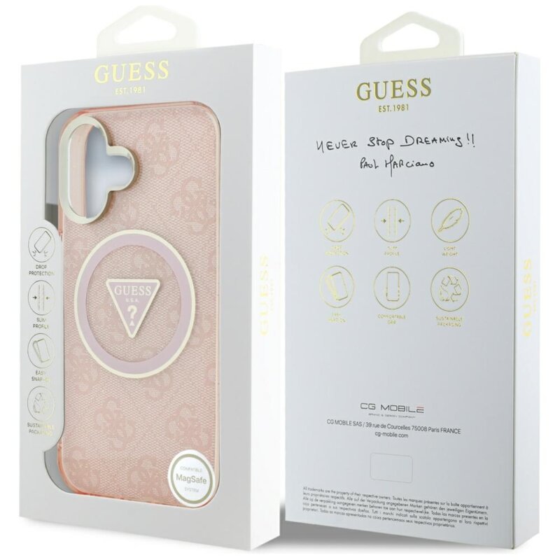 Husa iPhone 16 originala Guess IML Metal Glitter 4G Circle Triangle MagSafe, roz, GUHMP16SHG4PRTGP