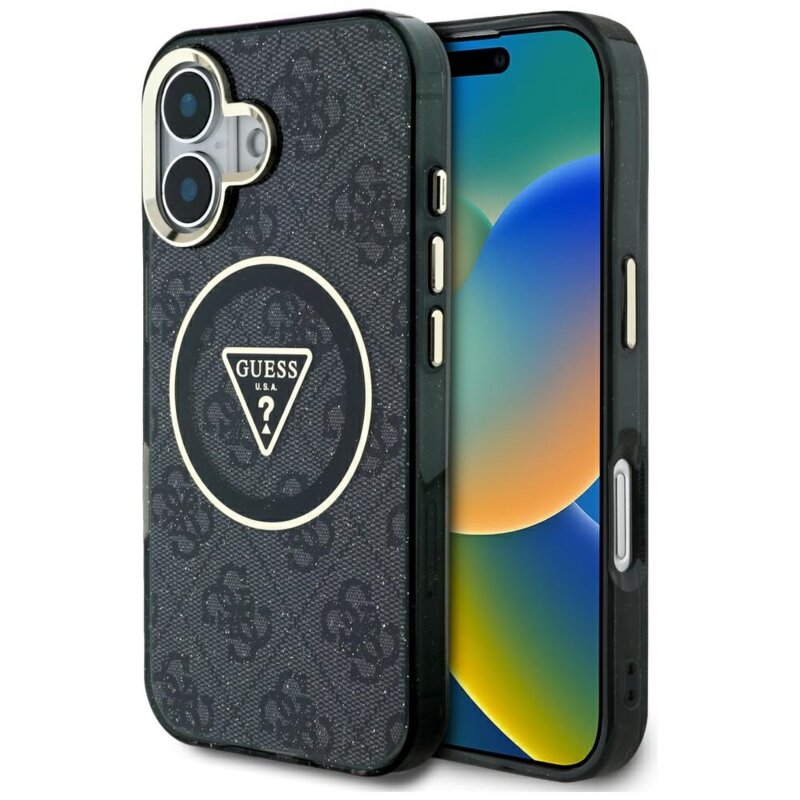 Husa iPhone 16 originala Guess IML Metal Glitter 4G Circle Triangle MagSafe, negru, GUHMP16SHG4PRTGK