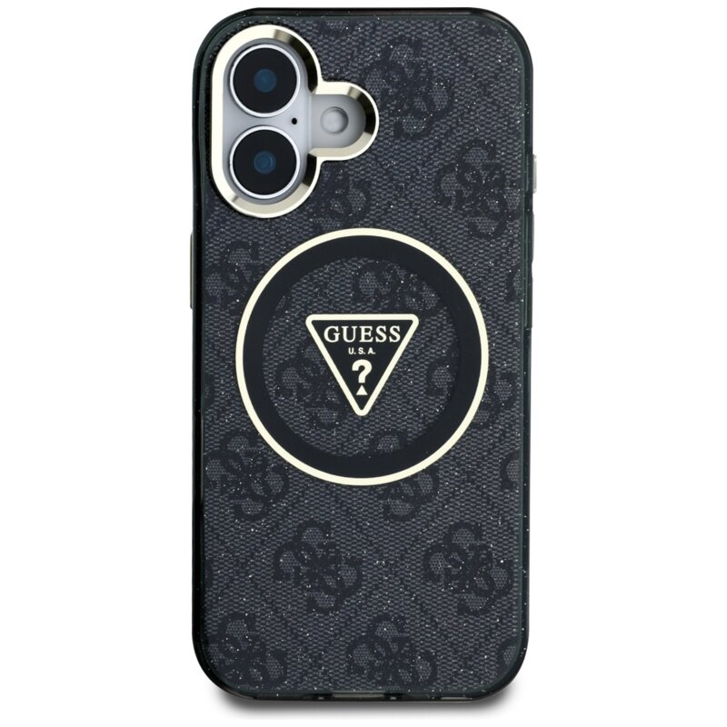 Husa iPhone 16 originala Guess IML Metal Glitter 4G Circle Triangle MagSafe, negru, GUHMP16SHG4PRTGK