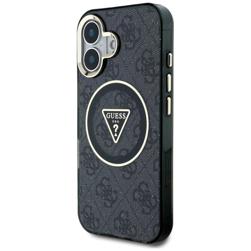 Husa iPhone 16 originala Guess IML Metal Glitter 4G Circle Triangle MagSafe, negru, GUHMP16SHG4PRTGK