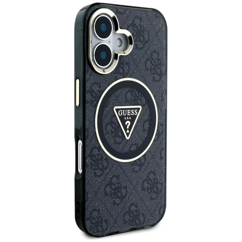 Husa iPhone 16 originala Guess IML Metal Glitter 4G Circle Triangle MagSafe, negru, GUHMP16SHG4PRTGK