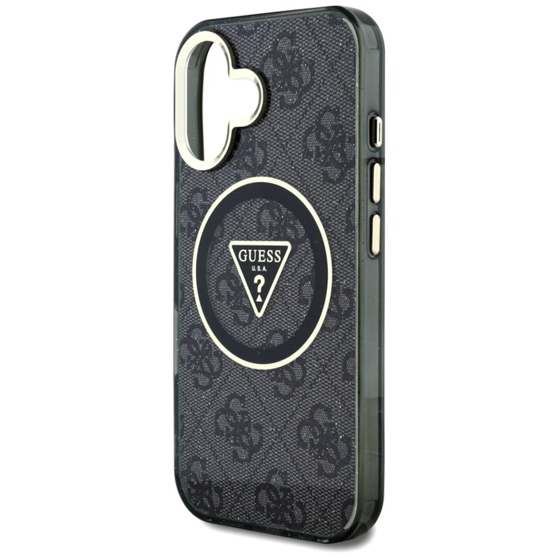 Husa iPhone 16 originala Guess IML Metal Glitter 4G Circle Triangle MagSafe, negru, GUHMP16SHG4PRTGK