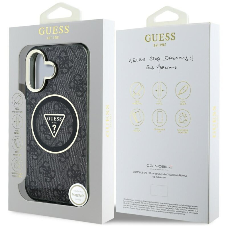 Husa iPhone 16 originala Guess IML Metal Glitter 4G Circle Triangle MagSafe, negru, GUHMP16SHG4PRTGK