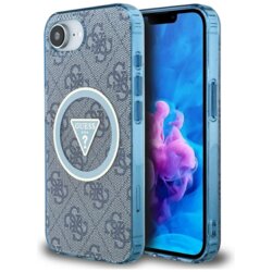 Husa iPhone 16e originala Guess IML Metal Glitter 4G Circle Triangle MagSafe, albastru, GUHMPSE4HG4PRTGB