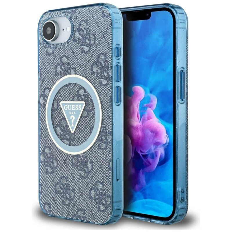 Husa iPhone 16e originala Guess IML Metal Glitter 4G Circle Triangle MagSafe, albastru, GUHMPSE4HG4PRTGB
