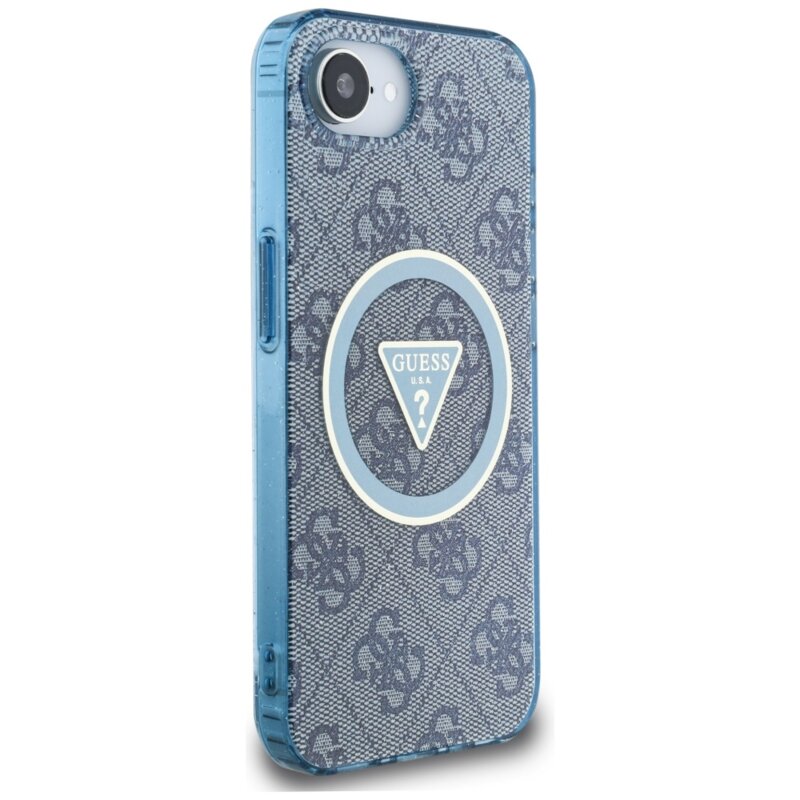 Husa iPhone 16e originala Guess IML Metal Glitter 4G Circle Triangle MagSafe, albastru, GUHMPSE4HG4PRTGB