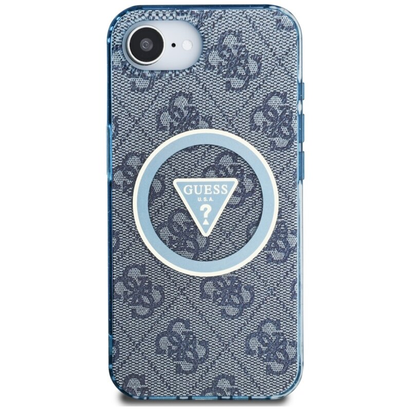 Husa iPhone 16e originala Guess IML Metal Glitter 4G Circle Triangle MagSafe, albastru, GUHMPSE4HG4PRTGB