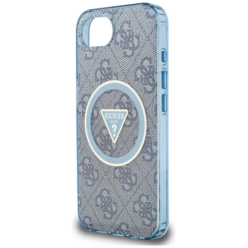 Husa iPhone 16e originala Guess IML Metal Glitter 4G Circle Triangle MagSafe, albastru, GUHMPSE4HG4PRTGB