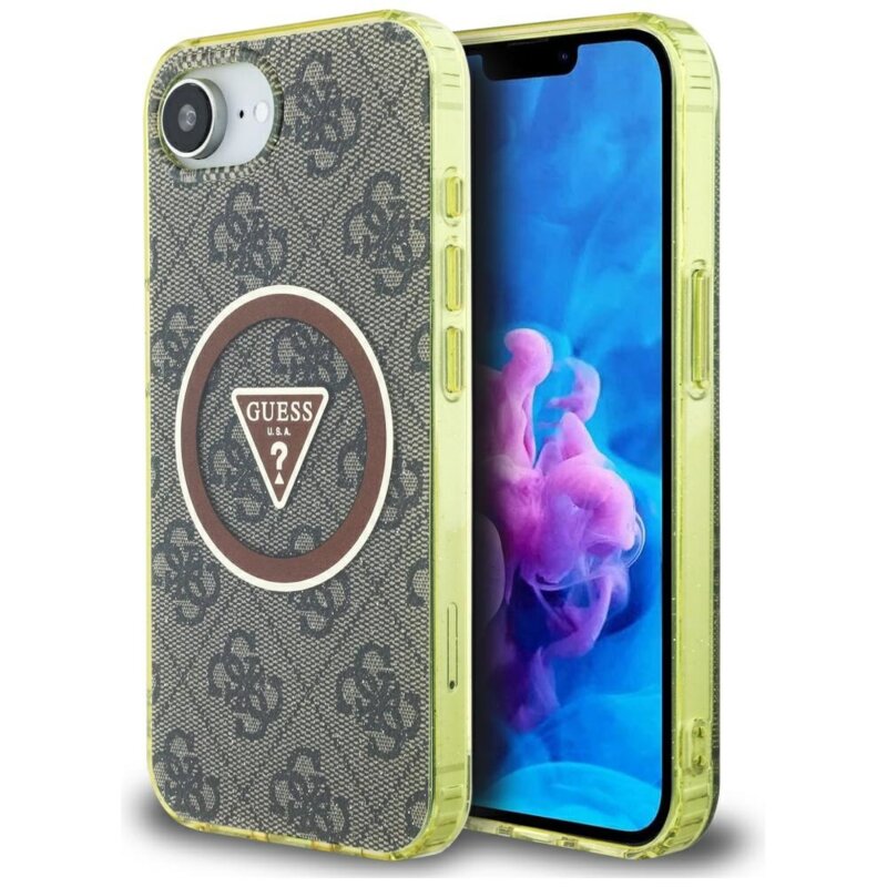 Husa iPhone 16e originala Guess IML Metal Glitter 4G Circle Triangle MagSafe, maro, GUHMPSE4HG4PRTGW