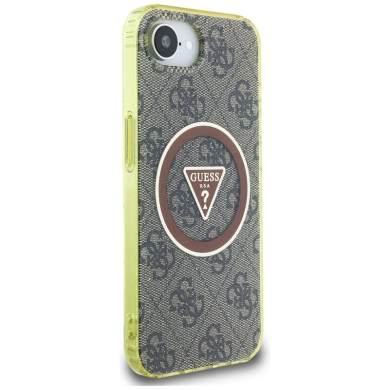 Husa iPhone 16e originala Guess IML Metal Glitter 4G Circle Triangle MagSafe, maro, GUHMPSE4HG4PRTGW