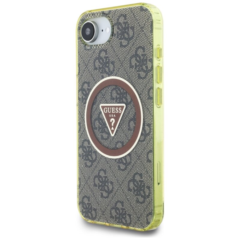 Husa iPhone 16e originala Guess IML Metal Glitter 4G Circle Triangle MagSafe, maro, GUHMPSE4HG4PRTGW