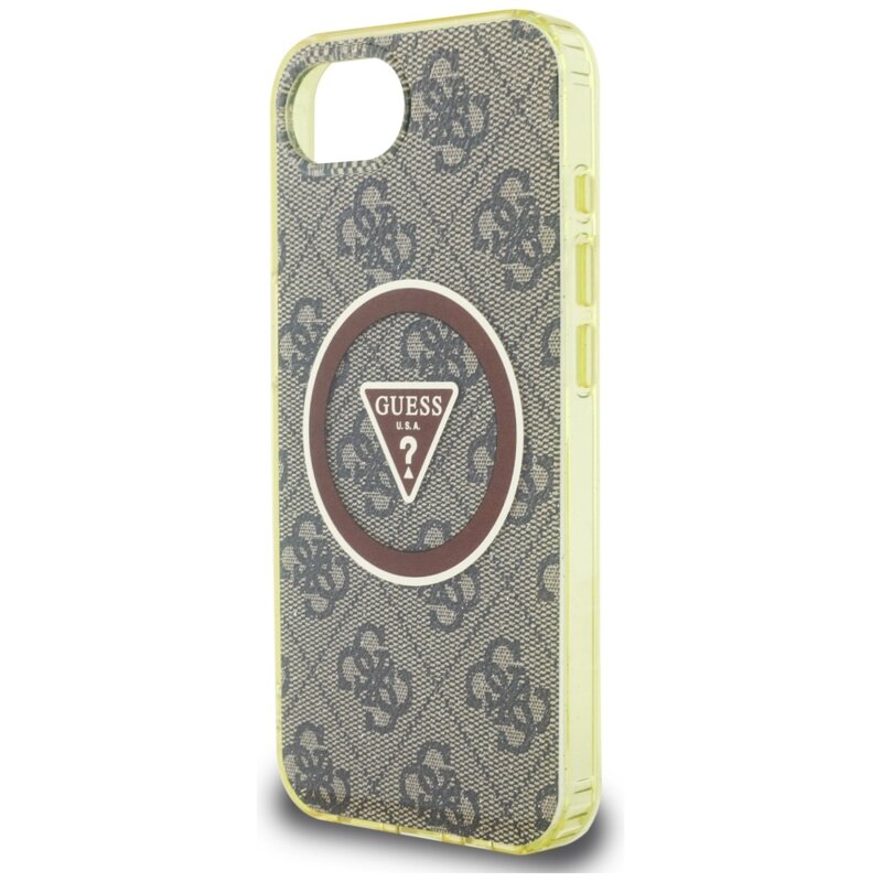 Husa iPhone 16e originala Guess IML Metal Glitter 4G Circle Triangle MagSafe, maro, GUHMPSE4HG4PRTGW