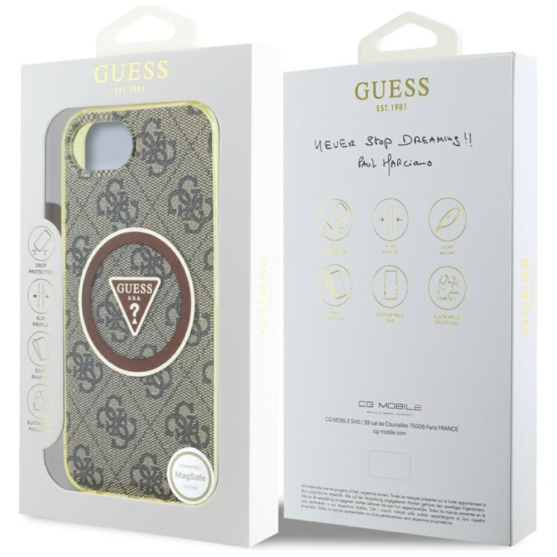 Husa iPhone 16e originala Guess IML Metal Glitter 4G Circle Triangle MagSafe, maro, GUHMPSE4HG4PRTGW