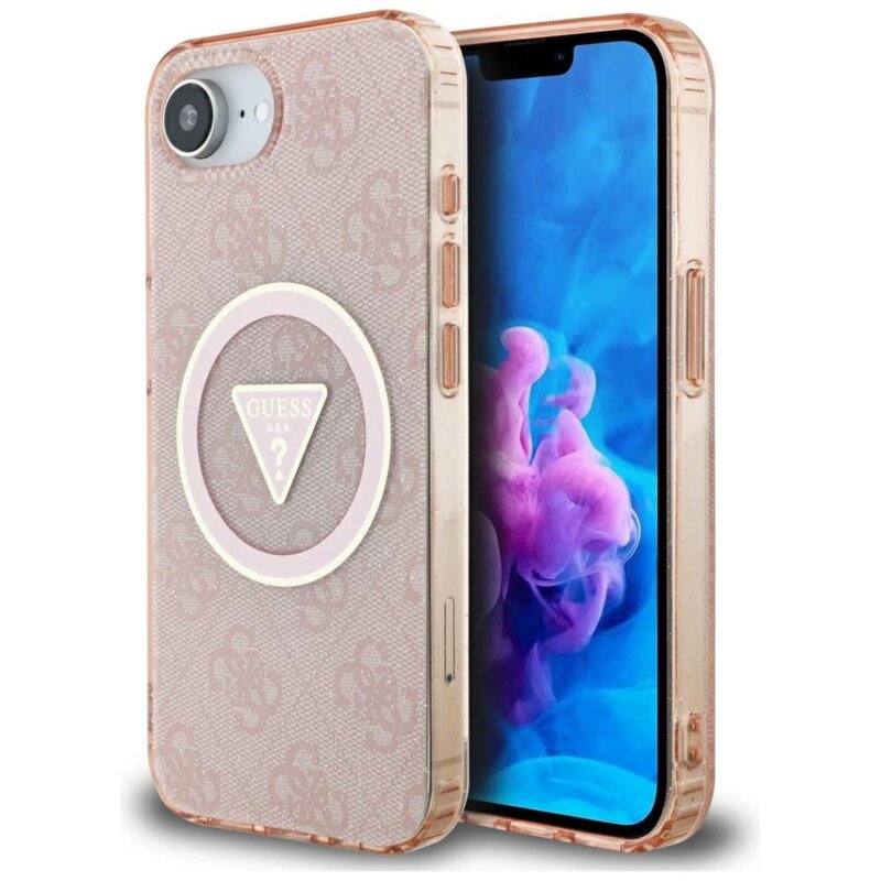 Husa iPhone 16e originala Guess IML Metal Glitter 4G Circle Triangle MagSafe, roz, GUHMPSE4HG4PRTGP