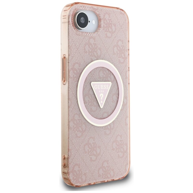 Husa iPhone 16e originala Guess IML Metal Glitter 4G Circle Triangle MagSafe, roz, GUHMPSE4HG4PRTGP