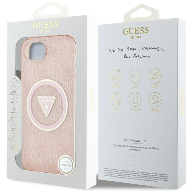 Husa iPhone 16e originala Guess IML Metal Glitter 4G Circle Triangle MagSafe, roz, GUHMPSE4HG4PRTGP