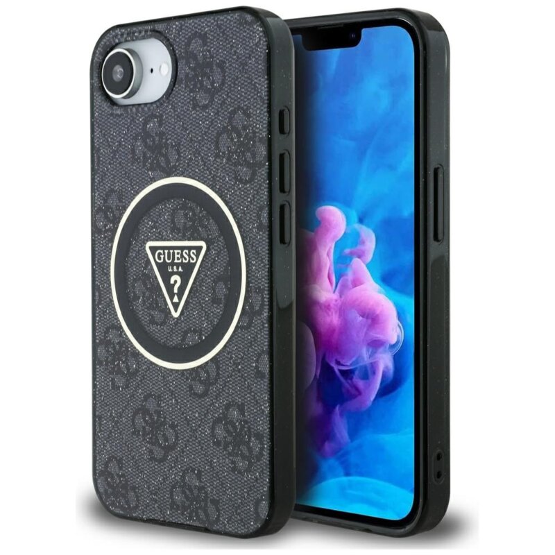 Husa iPhone 16e originala Guess IML Metal Glitter 4G Circle Triangle MagSafe, negru, GUHMPSE4HG4PRTGK