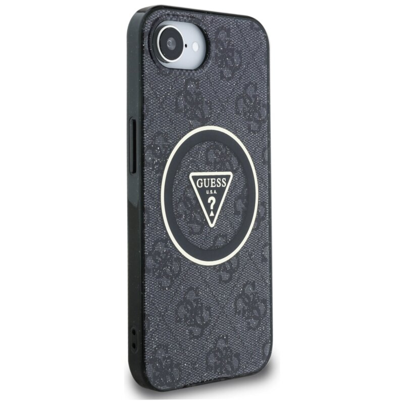 Husa iPhone 16e originala Guess IML Metal Glitter 4G Circle Triangle MagSafe, negru, GUHMPSE4HG4PRTGK