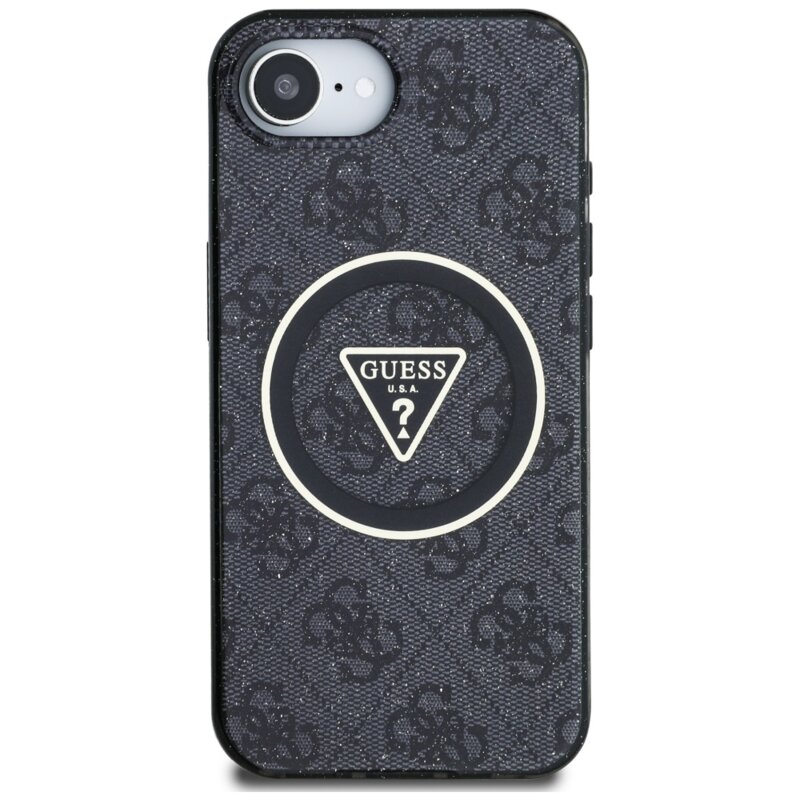Husa iPhone 16e originala Guess IML Metal Glitter 4G Circle Triangle MagSafe, negru, GUHMPSE4HG4PRTGK