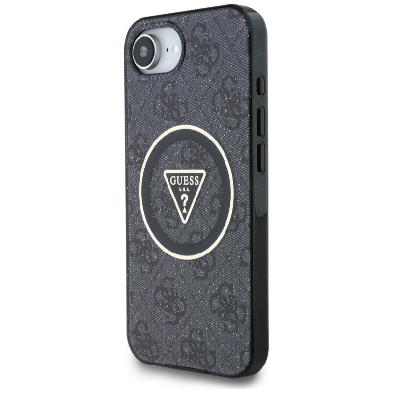 Husa iPhone 16e originala Guess IML Metal Glitter 4G Circle Triangle MagSafe, negru, GUHMPSE4HG4PRTGK