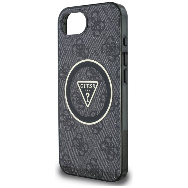 Husa iPhone 16e originala Guess IML Metal Glitter 4G Circle Triangle MagSafe, negru, GUHMPSE4HG4PRTGK