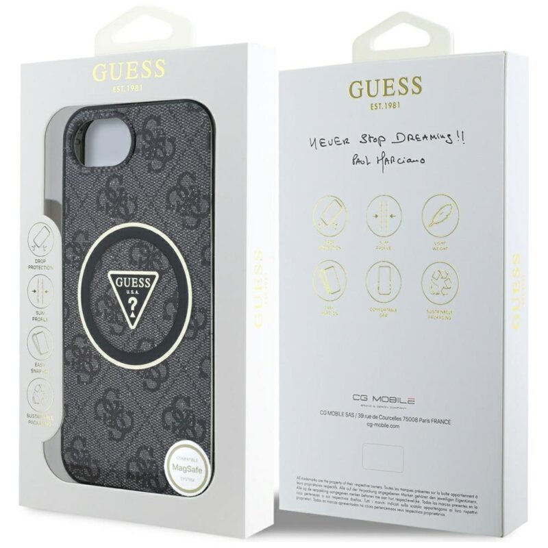 Husa iPhone 16e originala Guess IML Metal Glitter 4G Circle Triangle MagSafe, negru, GUHMPSE4HG4PRTGK