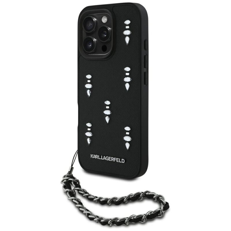Husa originala iPhone 16 Pro Max Karl Lagerfeld Saffiano, negru, Crystals & Charm, KLHCP16XPSADJSK