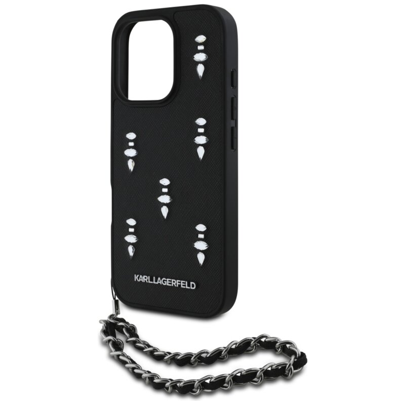 Husa originala iPhone 16 Pro Max Karl Lagerfeld Saffiano, negru, Crystals & Charm, KLHCP16XPSADJSK
