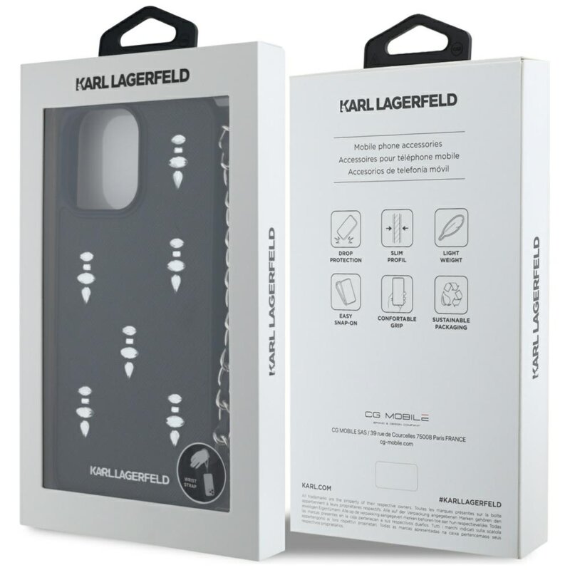 Husa originala iPhone 16 Pro Max Karl Lagerfeld Saffiano, negru, Crystals & Charm, KLHCP16XPSADJSK