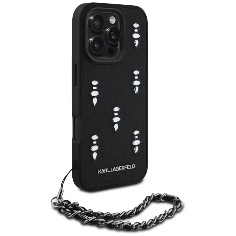 Husa originala iPhone 16 Pro Karl Lagerfeld Saffiano, negru, Crystals & Charm, KLHCP16LPSADJSK