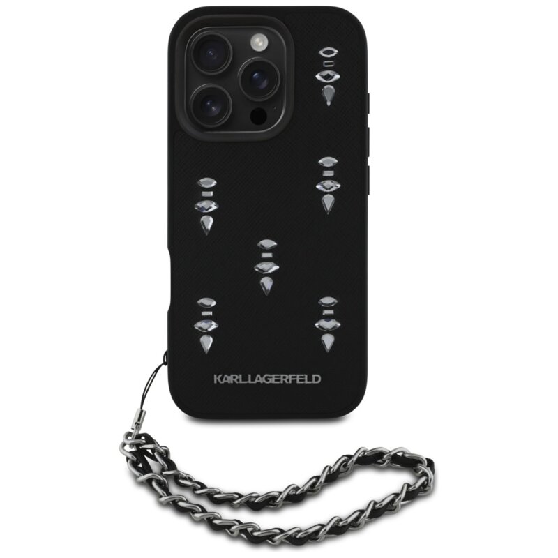 Husa originala iPhone 16 Pro Karl Lagerfeld Saffiano, negru, Crystals & Charm, KLHCP16LPSADJSK