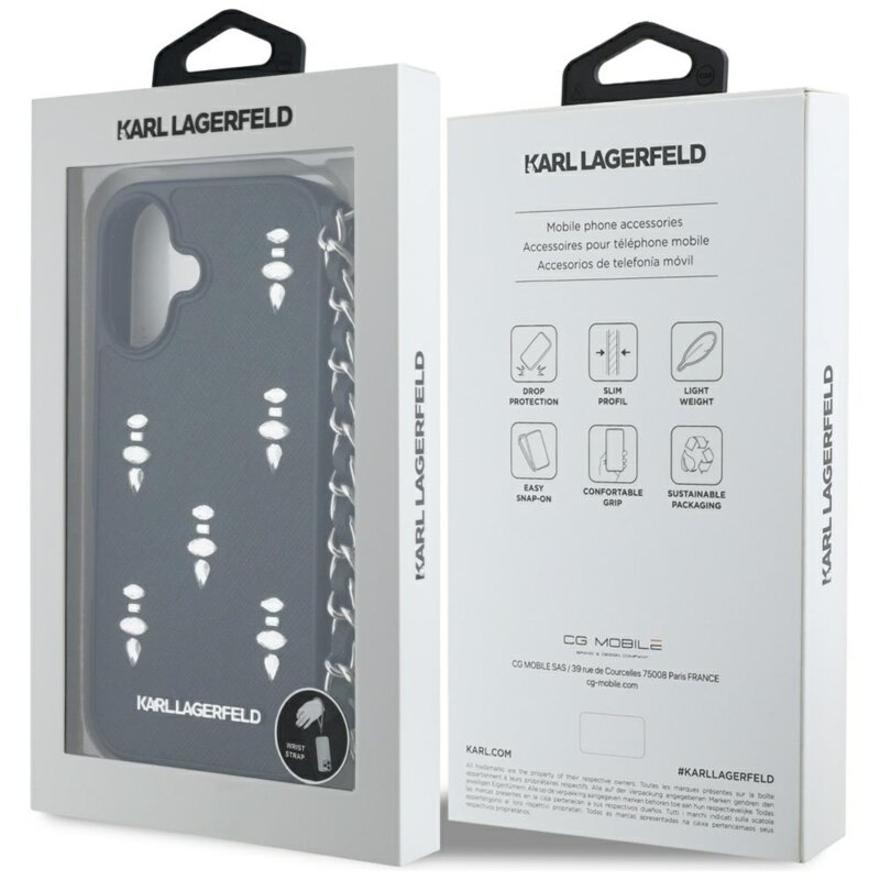 Husa originala iPhone 16 Karl Lagerfeld Saffiano, Crystals & Charm, KLHCP16SPSADJSK