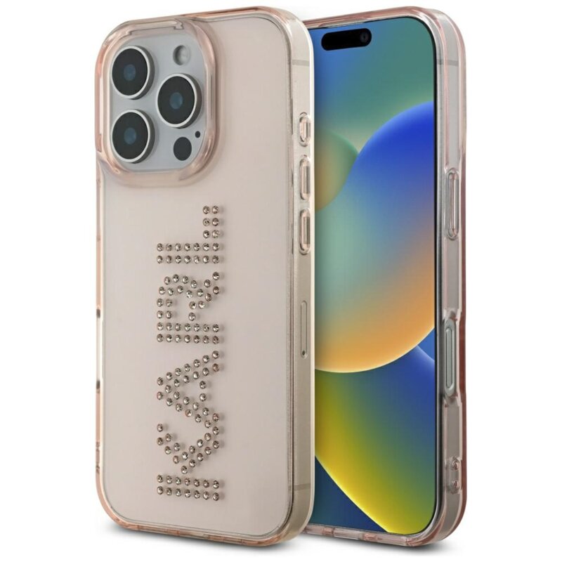 Husa iPhone 16 Pro Max Karl Lagerfeld IML Rhinestones, Pink Logo, KLHCP16XHKLSTDCP
