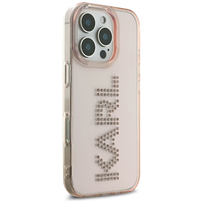 Husa iPhone 16 Pro Max Karl Lagerfeld IML Rhinestones, Pink Logo, KLHCP16XHKLSTDCP