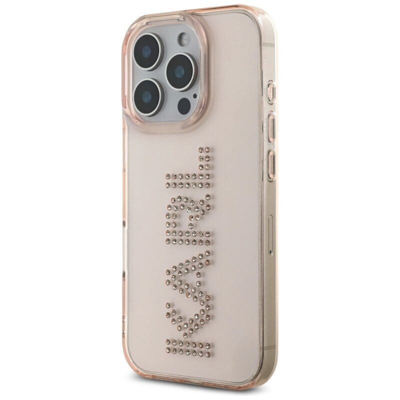 Husa iPhone 16 Pro Max Karl Lagerfeld IML Rhinestones, Pink Logo, KLHCP16XHKLSTDCP