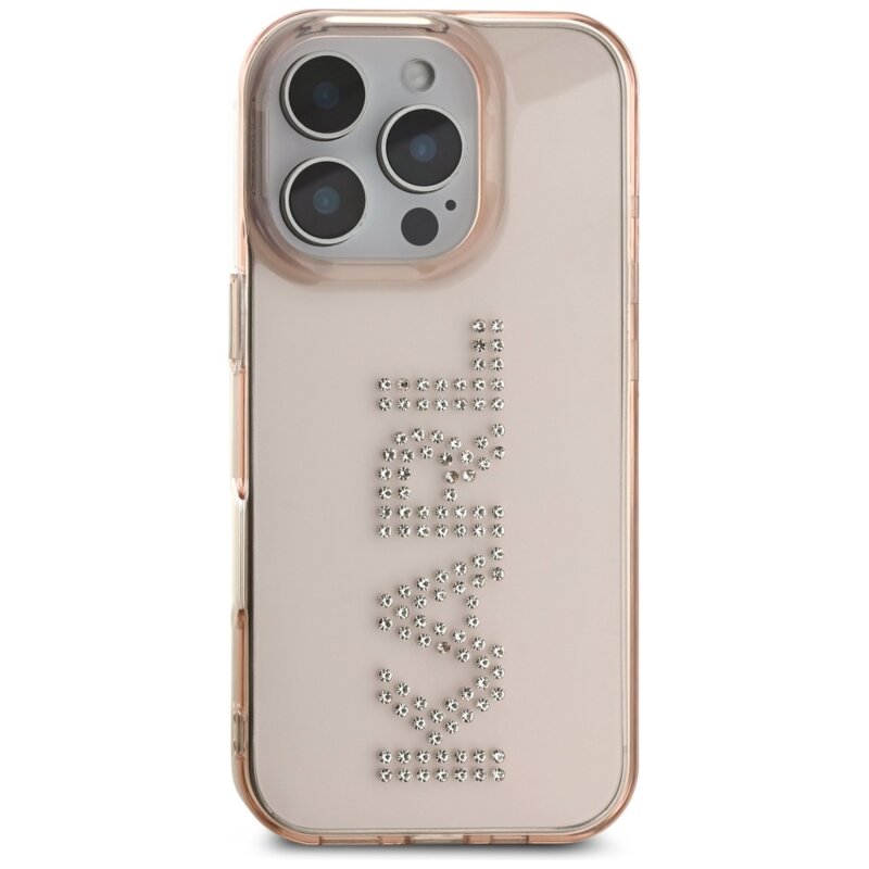 Husa iPhone 16 Pro Karl Lagerfeld IML Rhinestones, Pink Logo, KLHCP16LHKLSTDCP