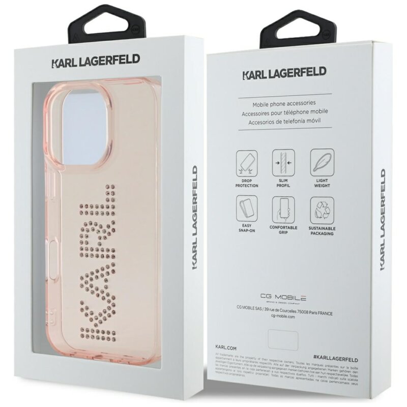 Husa iPhone 16 Pro Karl Lagerfeld IML Rhinestones, Pink Logo, KLHCP16LHKLSTDCP