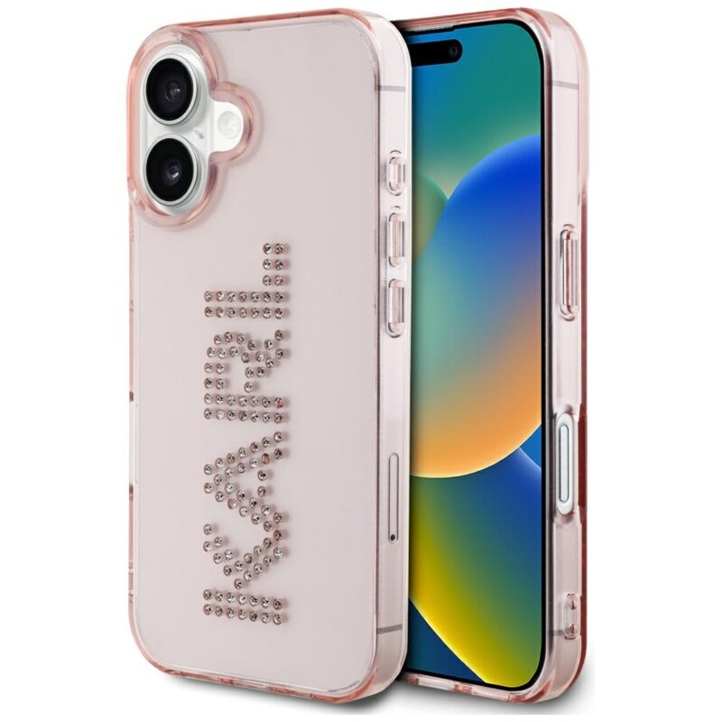 Husa iPhone 16 Karl Lagerfeld IML Rhinestones, Pink Logo, KLHCP16SHKLSTDCP