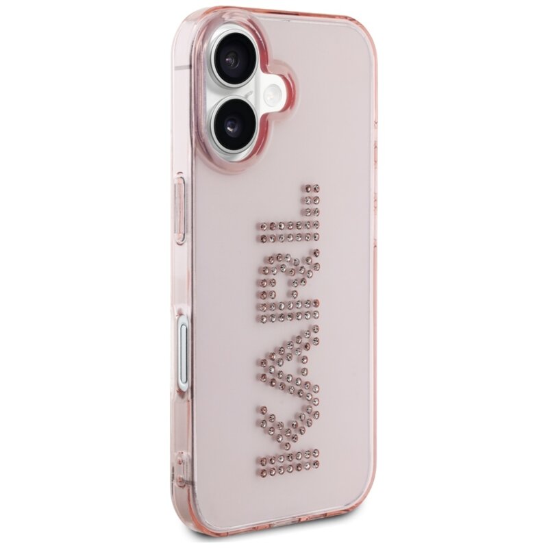 Husa iPhone 16 Karl Lagerfeld IML Rhinestones, Pink Logo, KLHCP16SHKLSTDCP