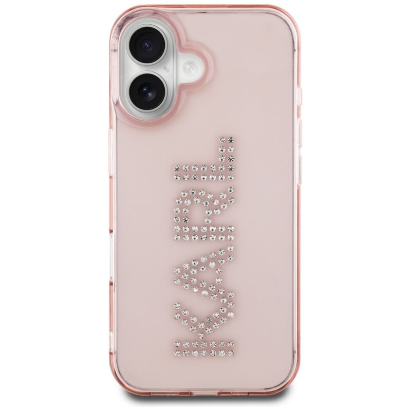Husa iPhone 16 Karl Lagerfeld IML Rhinestones, Pink Logo, KLHCP16SHKLSTDCP