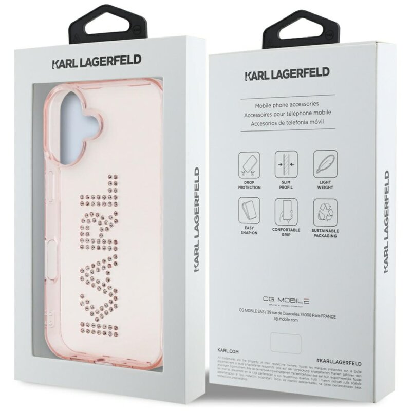 Husa iPhone 16 Karl Lagerfeld IML Rhinestones, Pink Logo, KLHCP16SHKLSTDCP