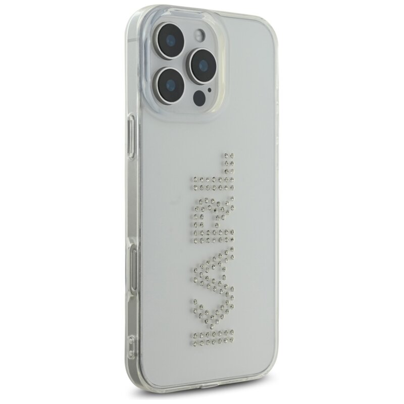 Husa iPhone 16 Pro Karl Lagerfeld IML Rhinestones, Transparent Logo, KLHCP16LHKLSTDCT