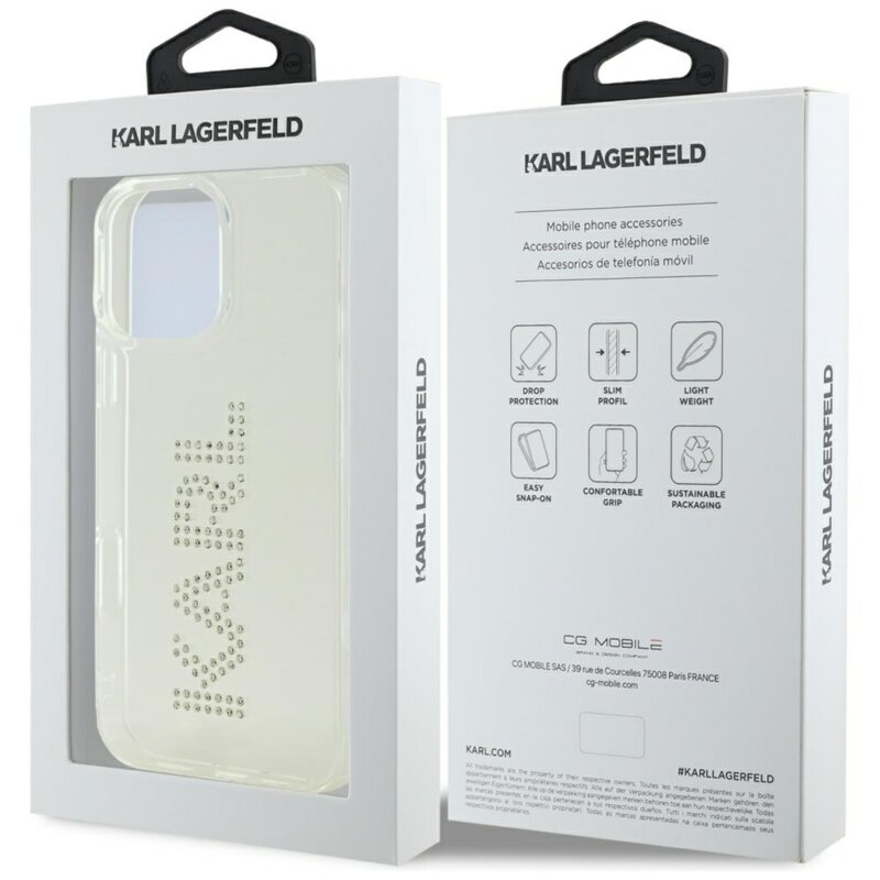 Husa iPhone 16 Pro Karl Lagerfeld IML Rhinestones, Transparent Logo, KLHCP16LHKLSTDCT