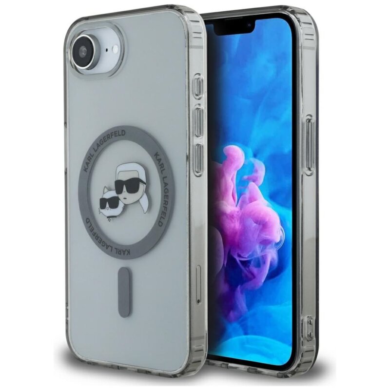 Husa iPhone 16e Karl Lagerfeld IML MagSafe, Metal Karl&Choupette Head, negru, KLHMPSE4HLSKCK