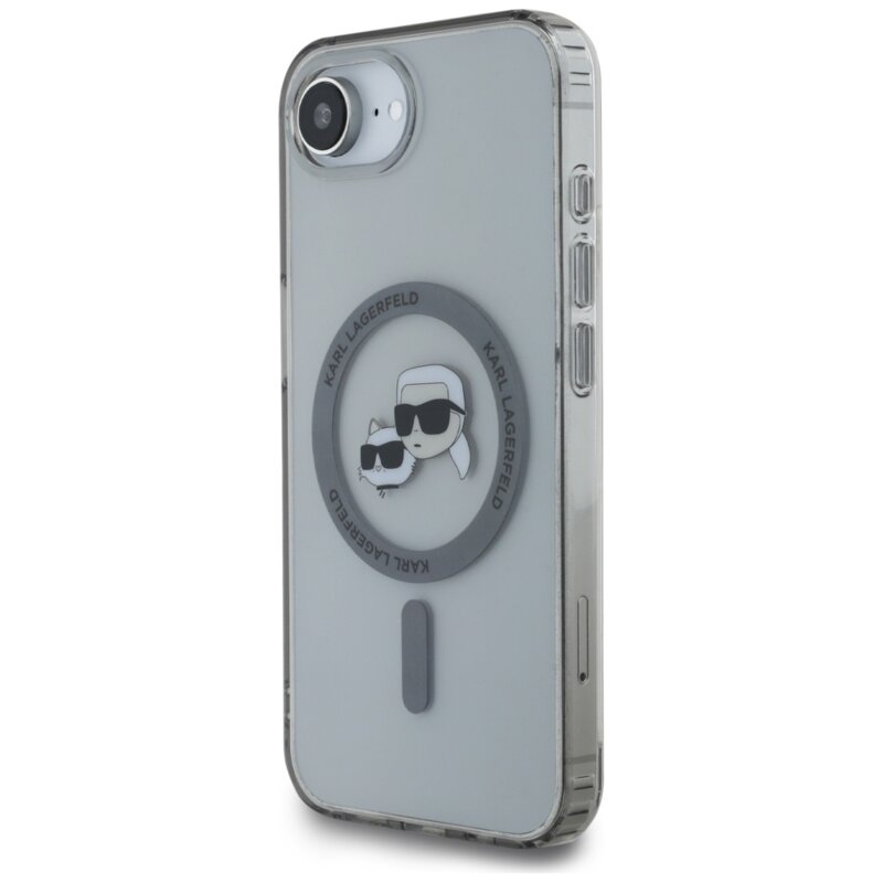Husa iPhone 16e Karl Lagerfeld IML MagSafe, Metal Karl&Choupette Head, negru, KLHMPSE4HLSKCK