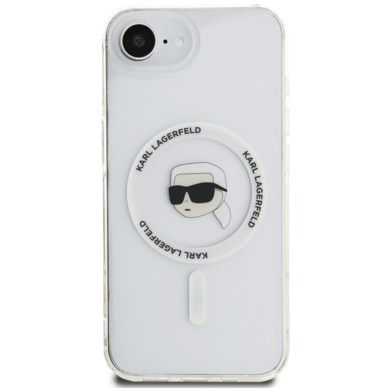 Husa iPhone 16e Karl Lagerfeld IML MagSafe, alb, Karl`s Head, KLHMPSE4HLSKIH