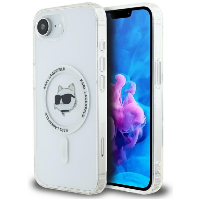 Husa iPhone 16e Karl Lagerfeld IML MagSafe, alb, Choupette`s Head, KLHMPSE4HLSCHH