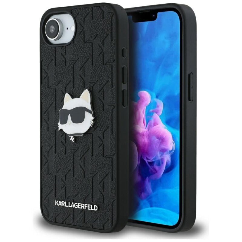 Husa iPhone 16e Karl Lagerfeld Hardcase Leather Monogram, negru, Choupette Head Pin, KLHCPSE4PGKLCHPK